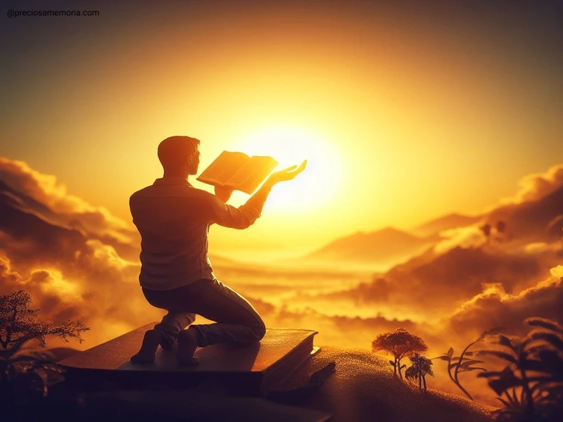 um homem ajoelhado e com um livro na mão. O sol da manhã reflete em seu rosto.
