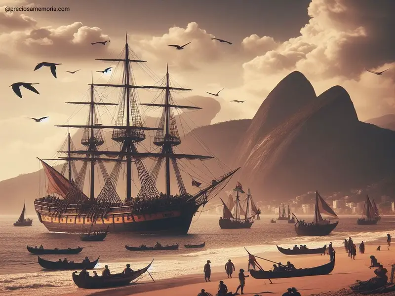 Vários barcos e um grande Navio perto da praia