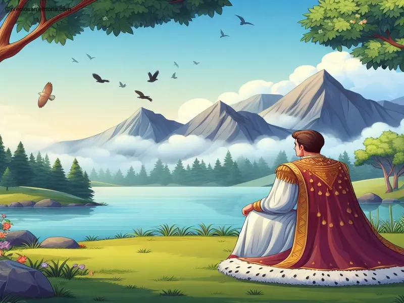 um príncipe sentado no gramado olhando uma bela paisagem natural, descrevendo o príncipe Rasselas de Samuel Johnson