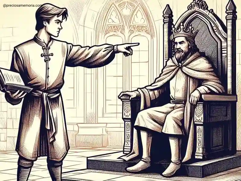 Um homem com um livro na mão apontando o dedo para um rei sentado no trono, à semelhança do profeta Elias