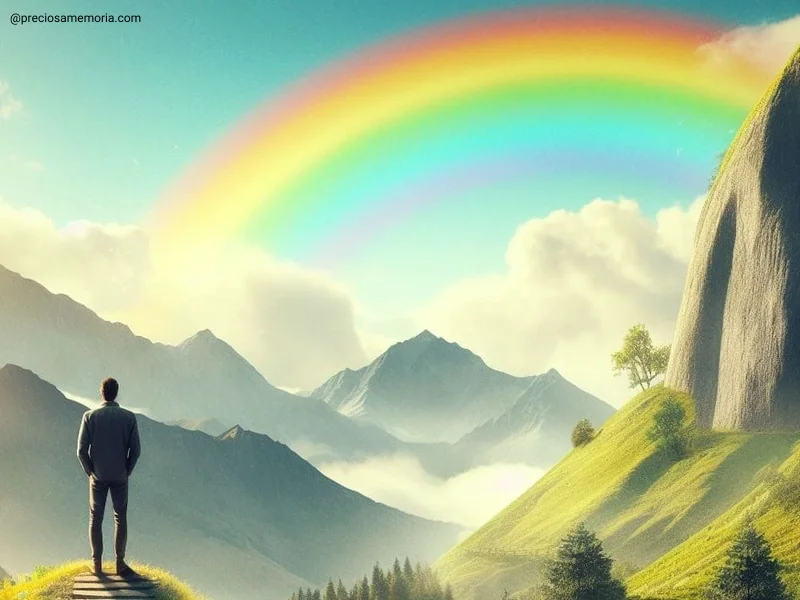 um homem contemplando, no alto da montanha, um arco-íris