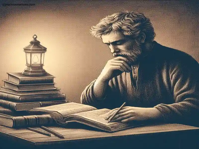 Um homem estudando vários livros em sua mesa