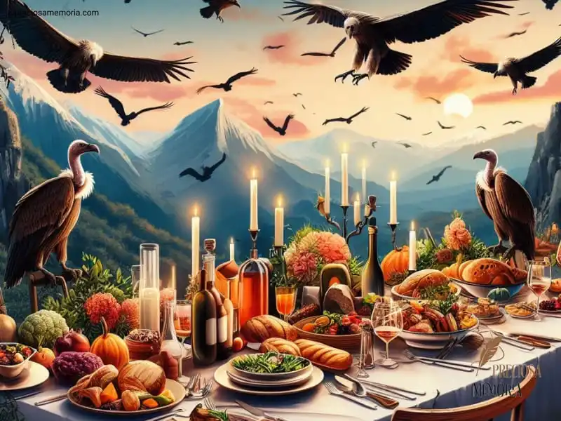 uma mesa cheia de alimentos. Porém, há muitos urubus sobrevoando sobre ela.