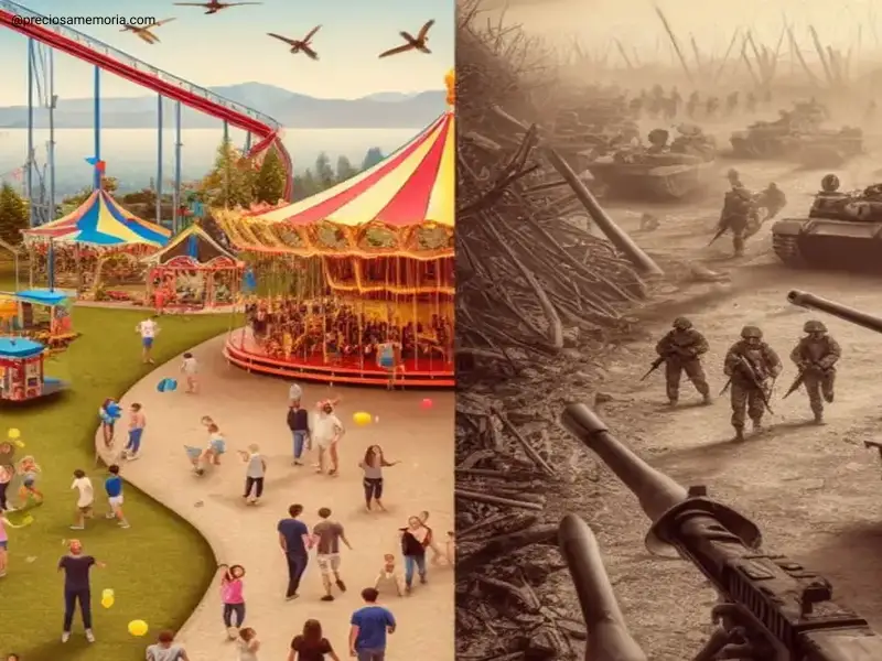 um parque de diversão a esquerda da imagem. A direita temos um campo de batalha.