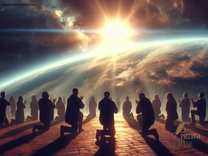 Pessoas de joelhos olhando para Sol que iradia