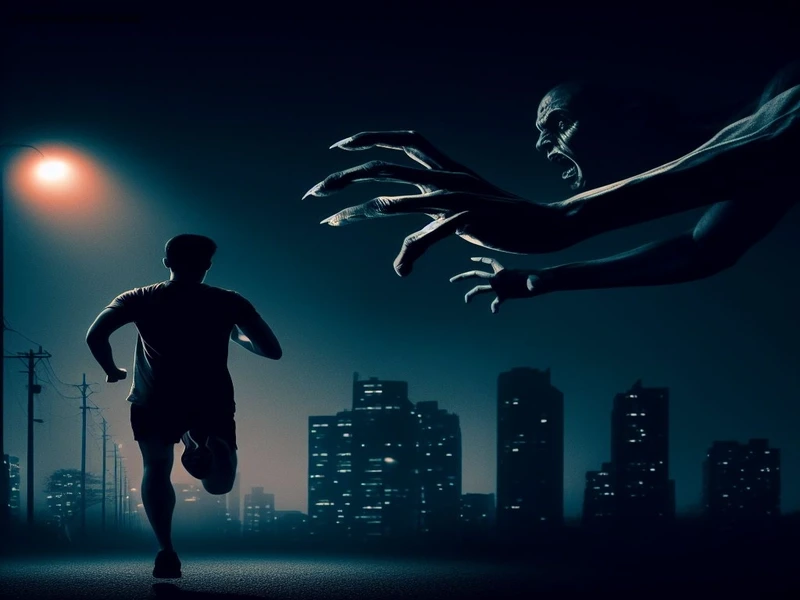 um homem correndo de uma mão assustadora que tenta pegá-lo