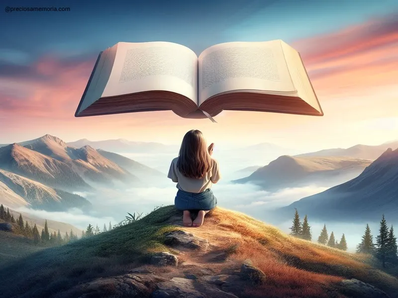 Menina de joelhos diante de um grande livro aberto à sua frente