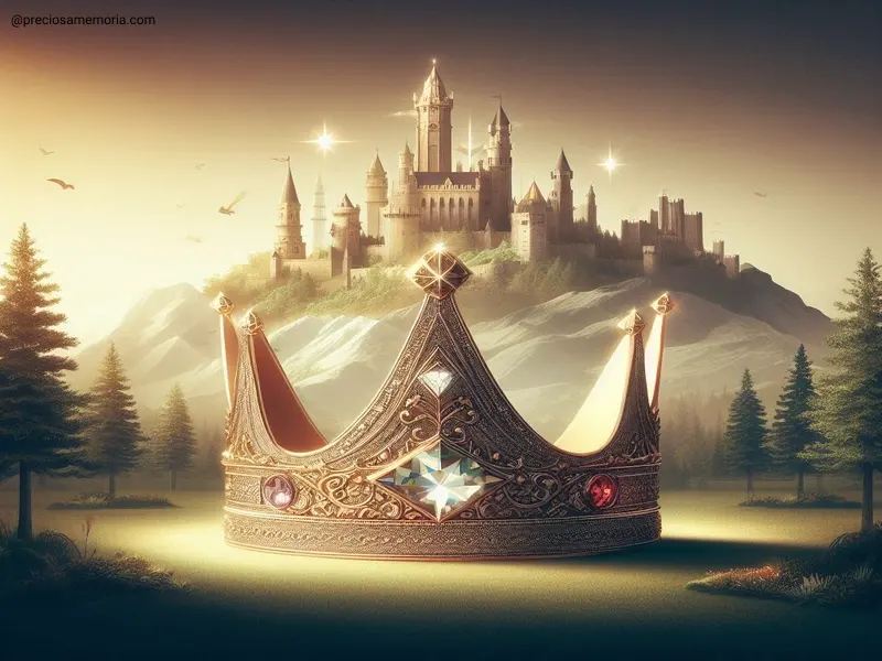 Uma coroa com um grande castelo atrás na imagem