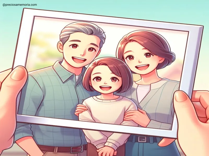 Uma fotografia de família. Há um homem, uma mulher e uma criança