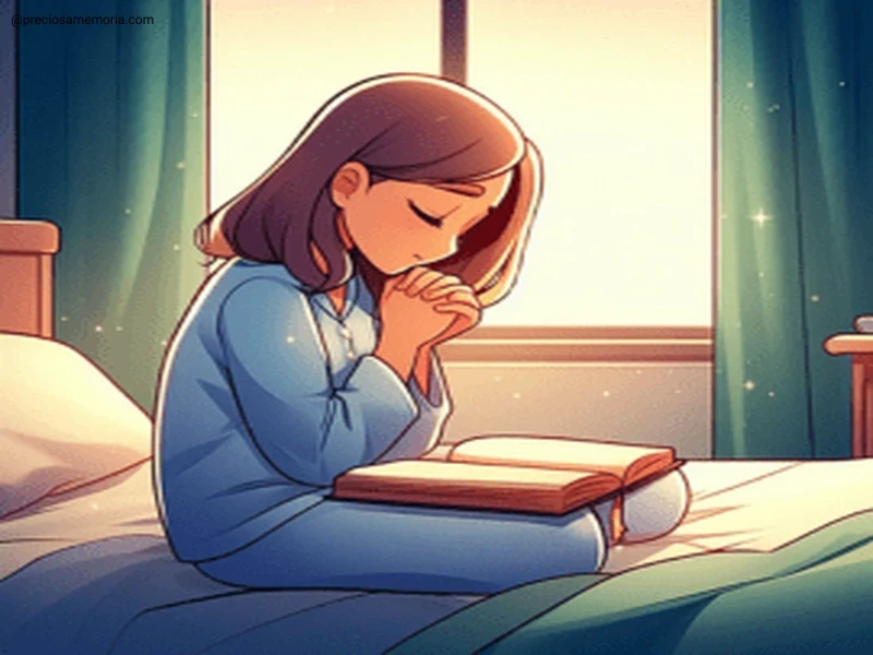 uma mulher com um livro nos joelhos, dentro do quarto, orando.