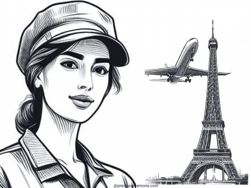 mulher com roupas industrias na frente da imagem e um avião e a torre de Paris atrás.