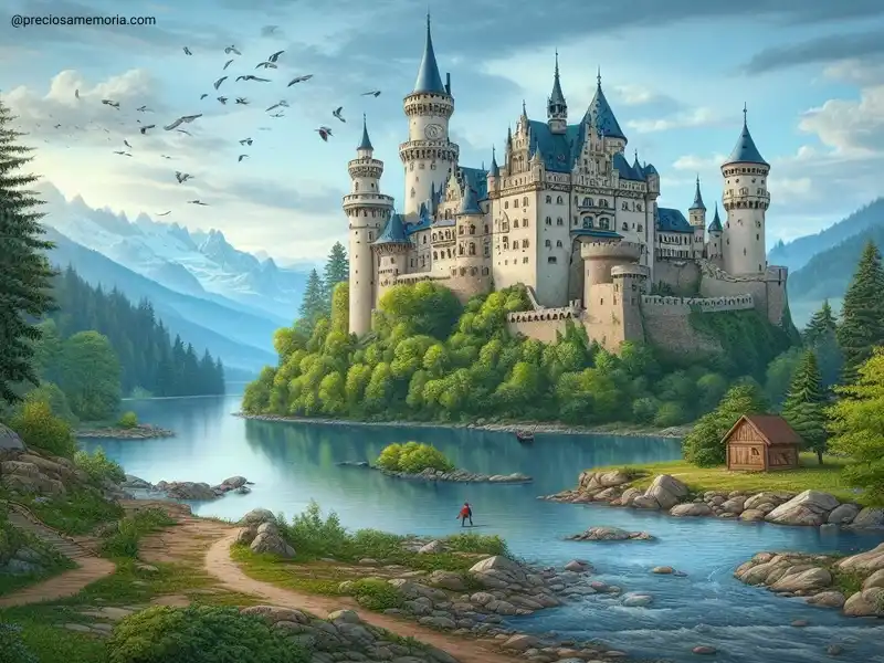 Um grande castelo rodeado por um lago com uma lida paisagem natural