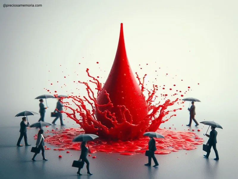 Uma grande gota de sangue no meio da imagem. Também, há várias pessoas com guarda chuvas andando em volta da gota de sangue.