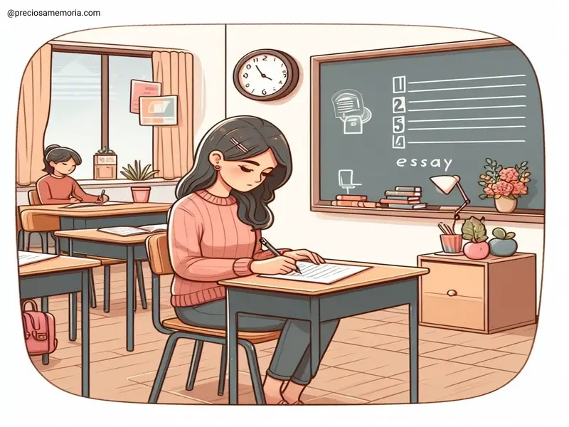 uma menina, dentro de uma sala de aula, fazendo uma prova