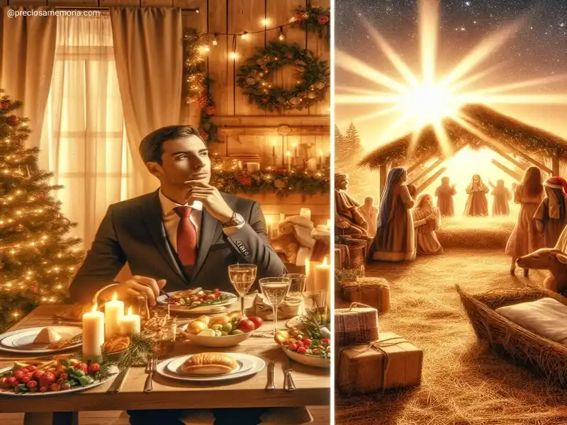 Uma imagem natalina; a esquerda um homem ceando, ocultando o verdadeiro significado do natal. A direita há uma manjedoura e sol a ilumina.