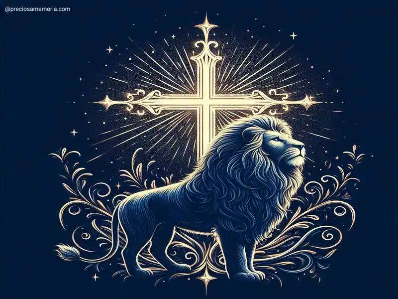 um grande leão e uma cruz atrás dele.