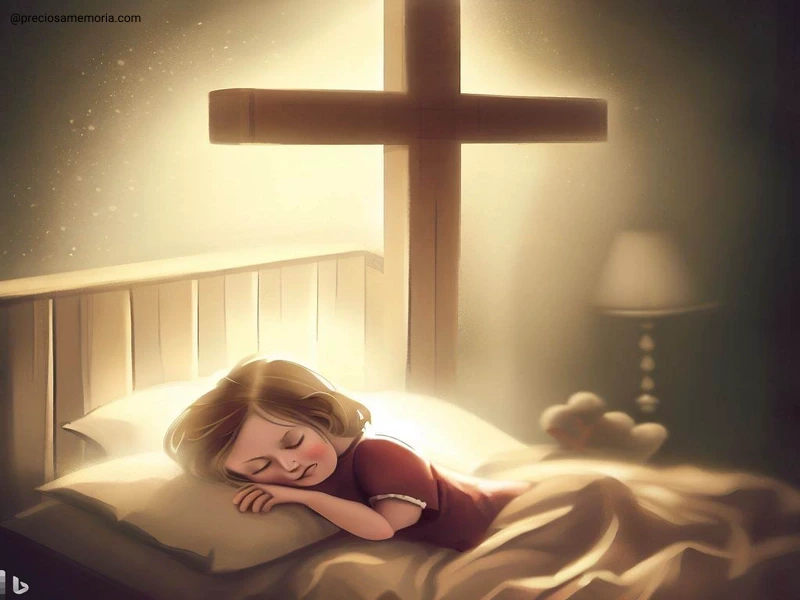 uma menina dormindo em sua cama. Atrás da menina têm uma grande cruz, remetendo a salvação em Cristo Jesus.