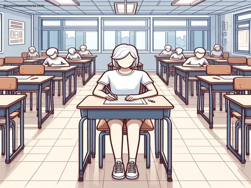 uma sala de aula com alunos escrevendo uma redação