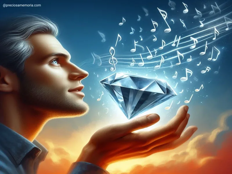 um homem segurando um diamante raro enquanto notas musicais rodeiam a foto